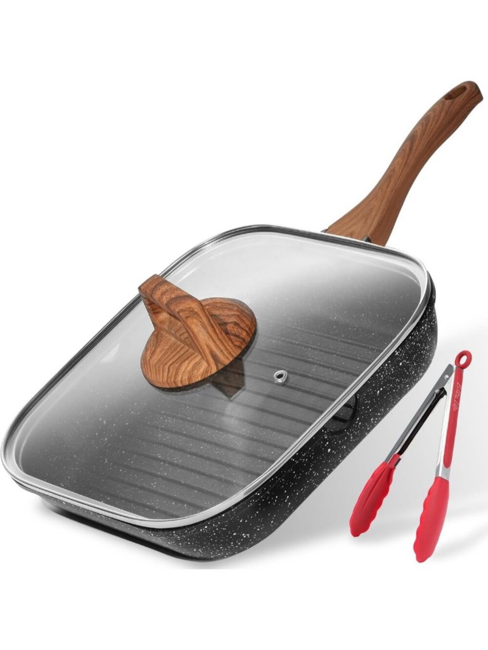 11-Inch Nonstick Grill Pan with Lid & Tongs - Perfect for Cooking & Grilling